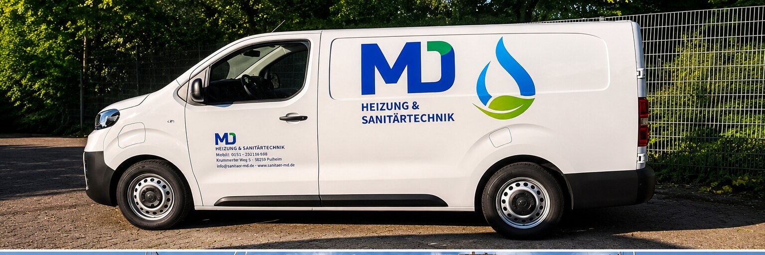 MD Heizung & Sanitärtechnik Firmenwagen mit Logo und Kontaktdaten